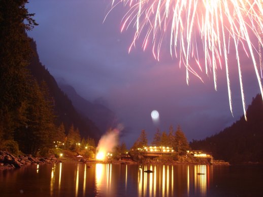 Celebration fireworks light up the night sky.
